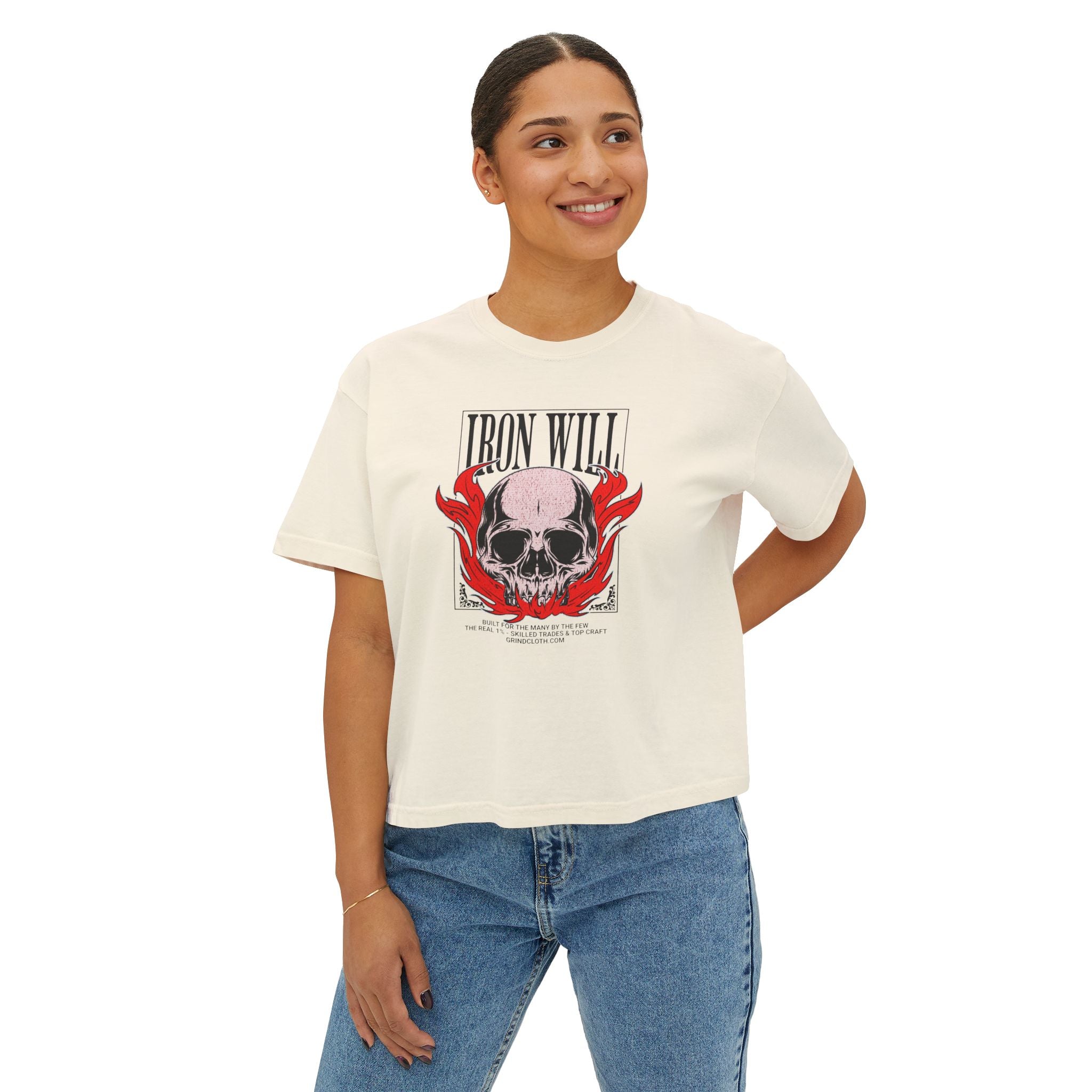 Iron Will Skull Tee — Women's Boxy Graphic T-Shirt